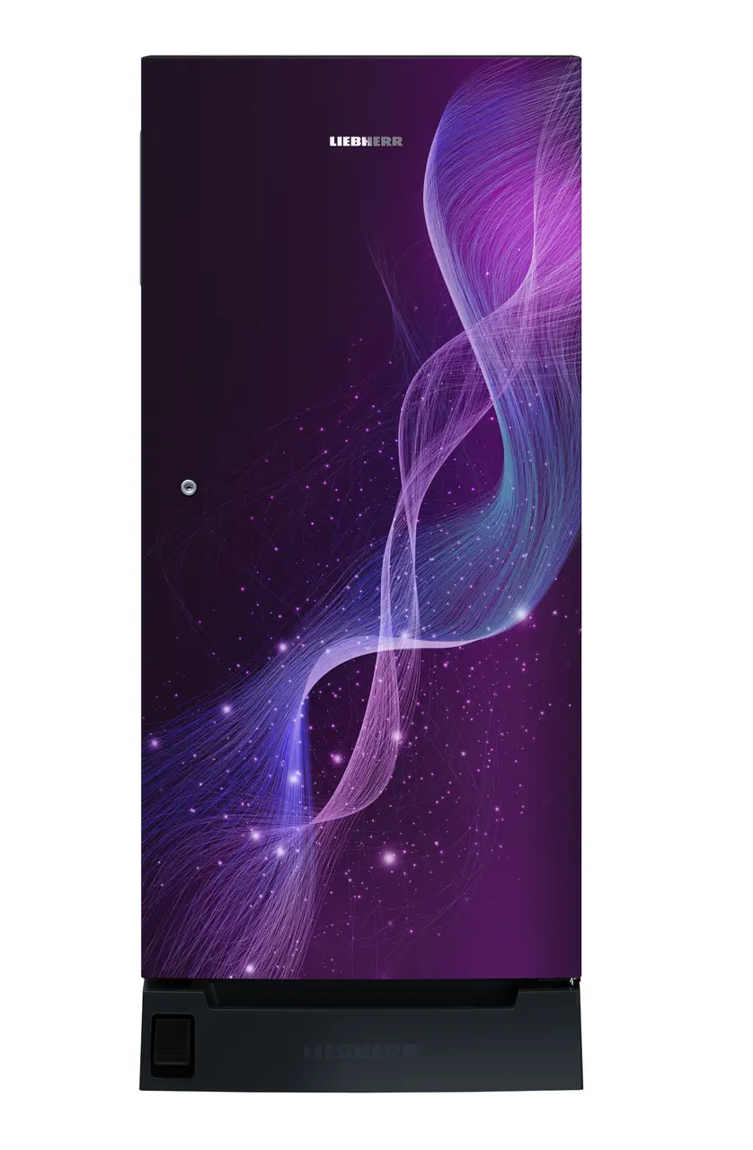 Product image, Perspective: straight closed, Single-door refrigerator 191 l in 3 star with foot pedal base drawer, Casing colour: grey, Door colour: Purple Strings