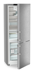 Product image, Perspective: oblique half-open empty, Combined fridge-freezers with EasyFresh and NoFrost, Casing colour: silver, Door colour: stainless steel