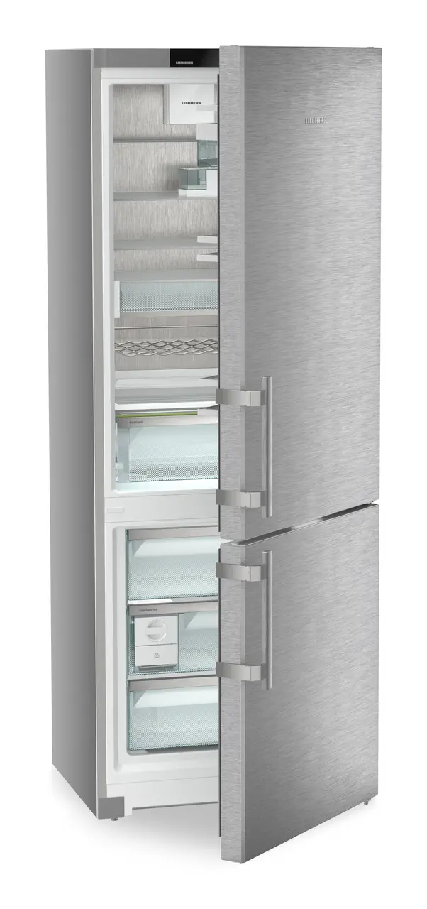 Product image, Perspective: oblique half-open empty, Combined fridge-freezers with EasyFresh and NoFrost, Casing colour: silver, Door colour: stainless steel
