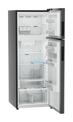 Product image, Perspective: oblique open empty, Fridge-freezer with NoFrost, Casing colour: grey, Door colour: BlackSteel