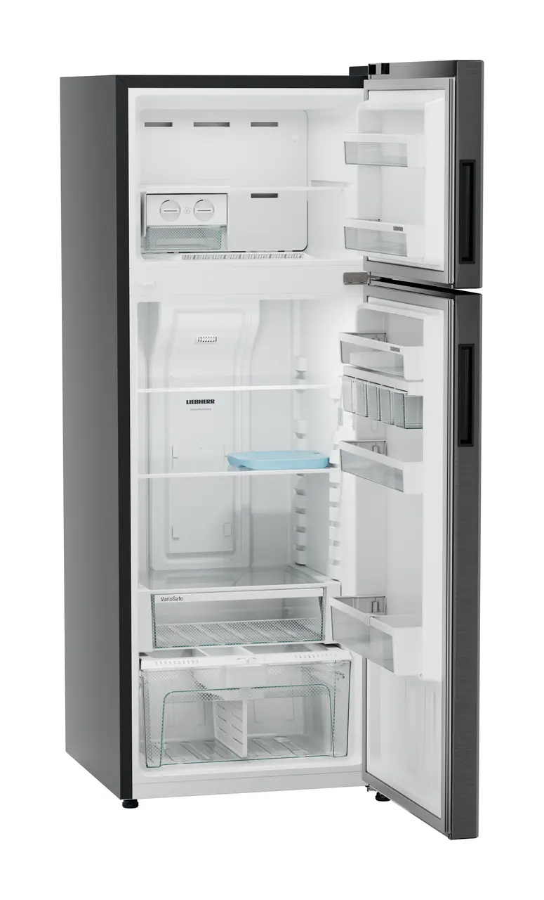 Product image, Perspective: oblique open empty, Fridge-freezer with NoFrost, Casing colour: grey, Door colour: BlackSteel