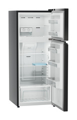 Product image, Perspective: oblique open empty, Fridge-freezer with NoFrost, Casing colour: grey, Door colour: Black Gloss
