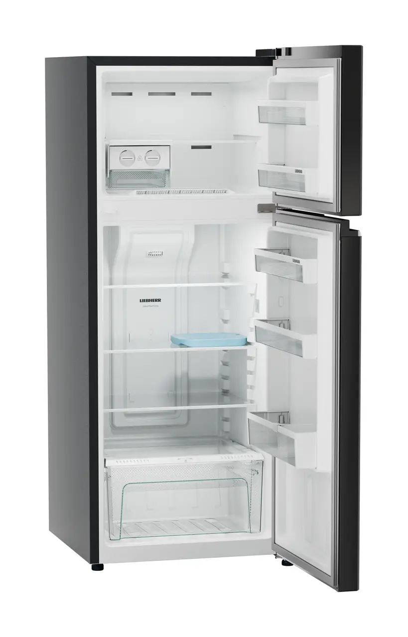 Product image, Perspective: oblique open empty, Fridge-freezer with NoFrost, Casing colour: grey, Door colour: Black Gloss