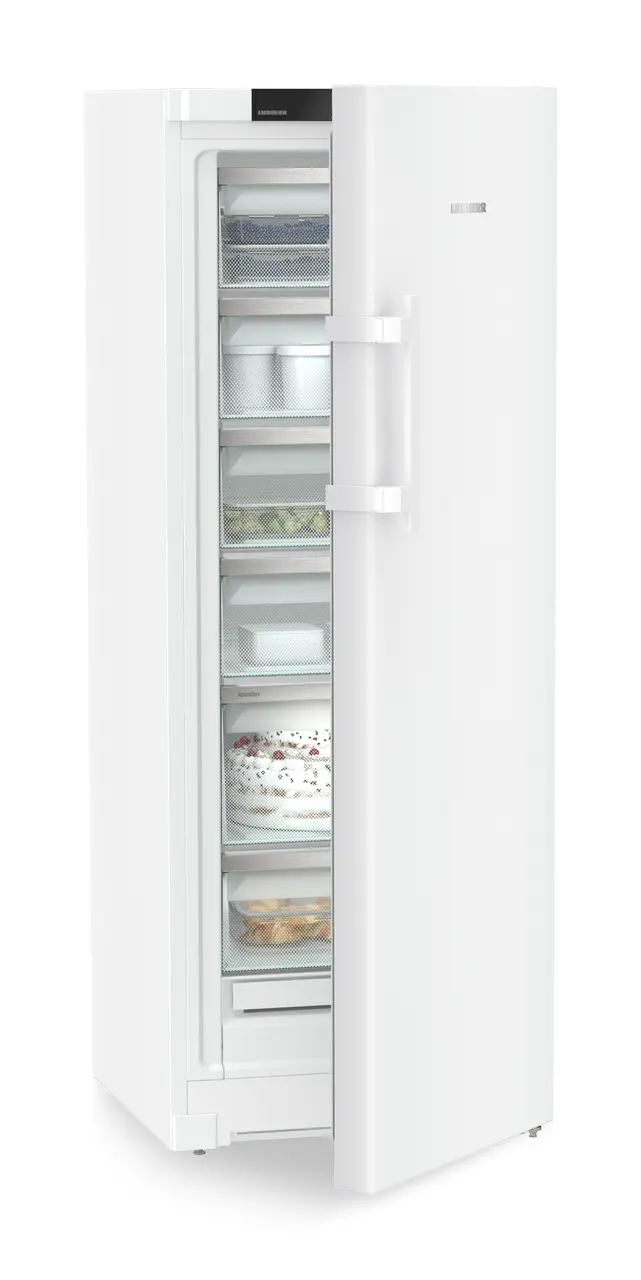 Obrázek výrobku, Perspektiva: Zešikma napůl otevřený s dekorací, Volne stojící mraznicka s NoFrost, Barva skříně: bílá, Barva dveří: bílá