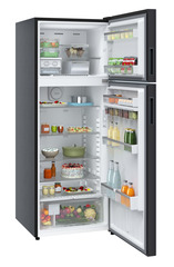Product image, Perspective: oblique open decorated, Fridge-freezer with NoFrost, Casing colour: grey, Door colour: Black Gloss
