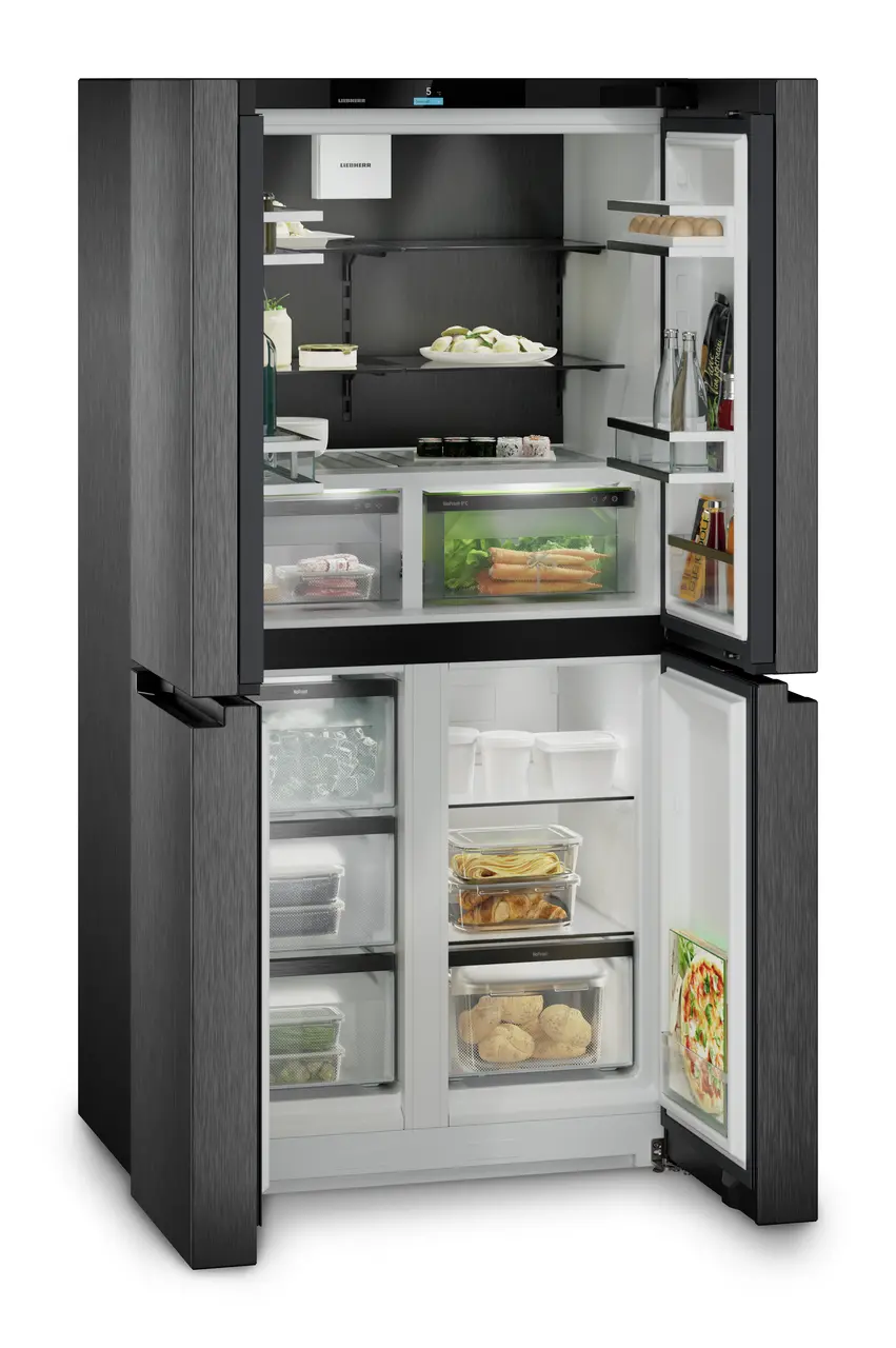 Termékkép, Perspektíva: Ferde nyitott díszített, 4 ajtós francia ajtós hűtő-fagyasztó jégkészítővel