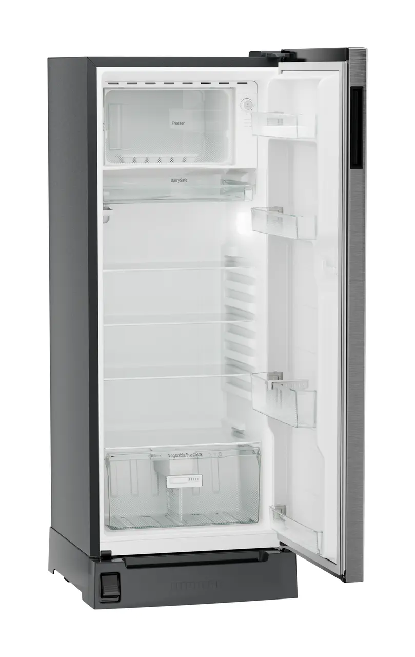 Product image, Perspective: oblique open empty, Single-door refrigerator 222 l in 3 star with foot pedal base drawer, Casing colour: grey, Door colour: Silver Steel