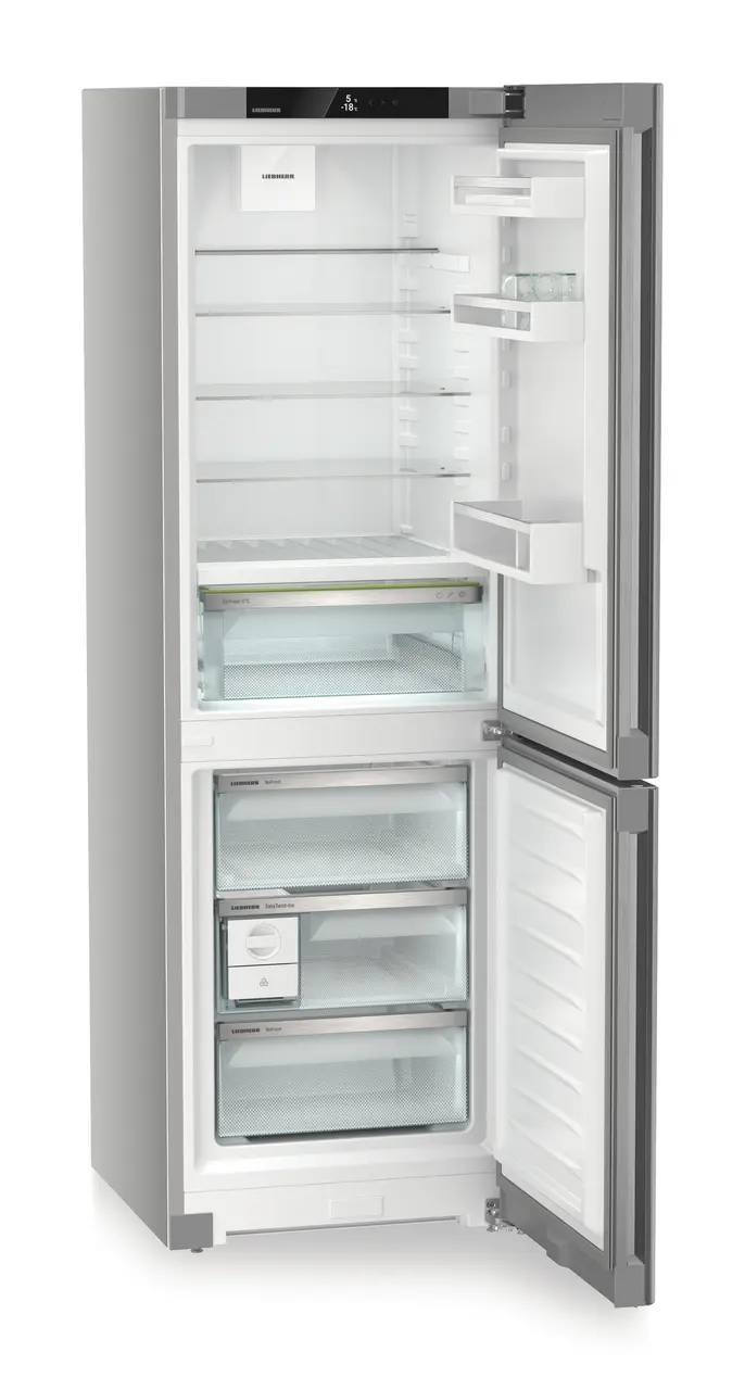 Product image, Perspective: oblique open empty, Fridge-freezer with BioFresh and NoFrost, Casing colour: silver, Door colour: Steelfinish