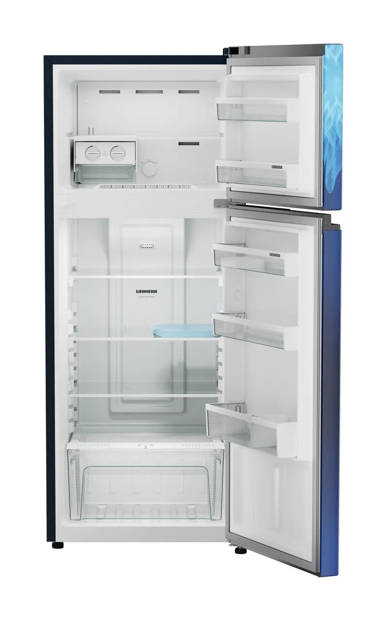 Product image, Perspective: straight open empty, Fridge-freezer with NoFrost, Casing colour: blue, Door colour: Blue Mystiq