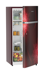 Product image, Perspective: oblique half-open decorated, Single-door refrigerator 202 l in 5 star with inverter compressor, Casing colour: red, Door colour: Red Mystiq