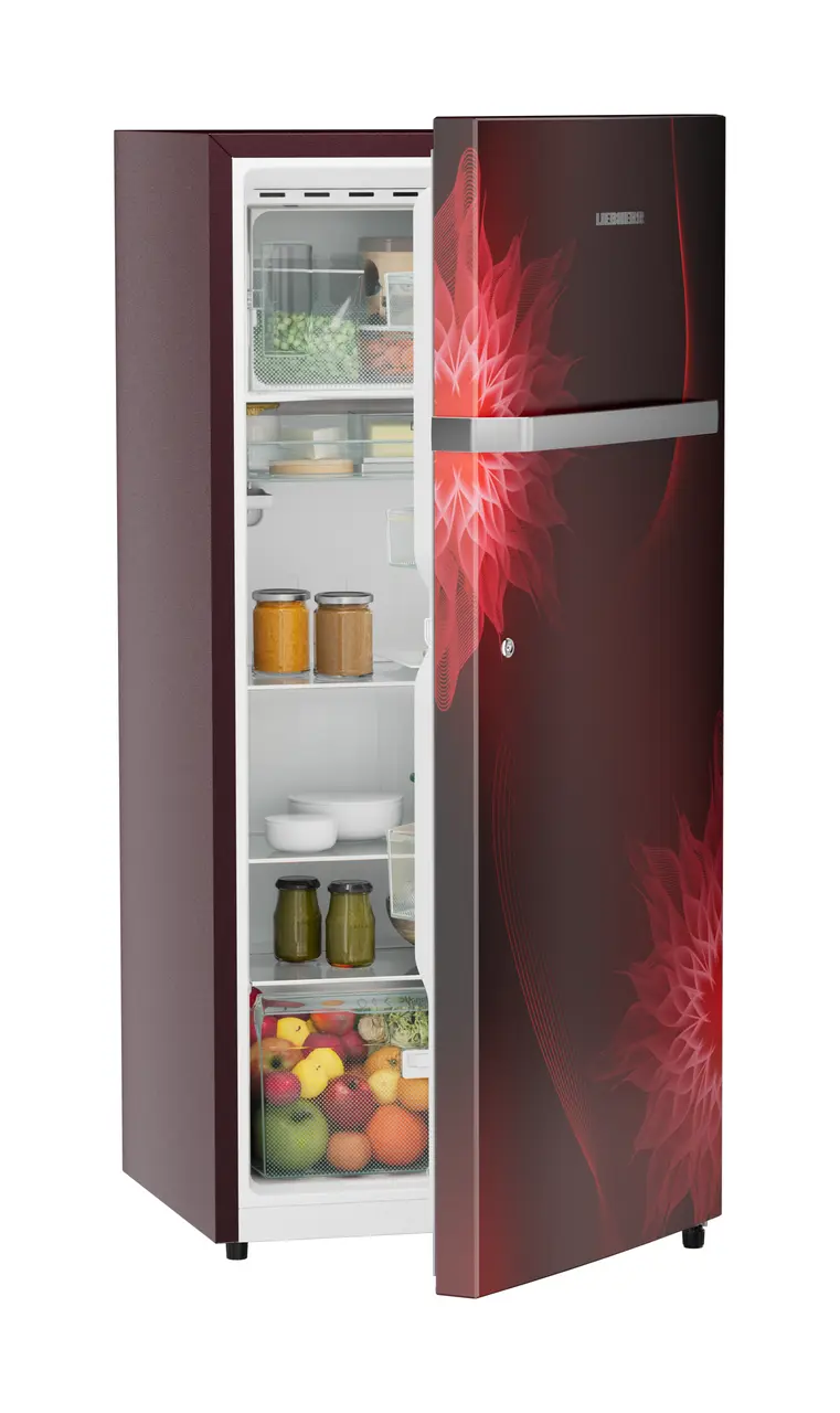 Product image, Perspective: oblique half-open decorated, Single-door refrigerator 202 l in 5 star with inverter compressor, Casing colour: red, Door colour: Red Mystiq