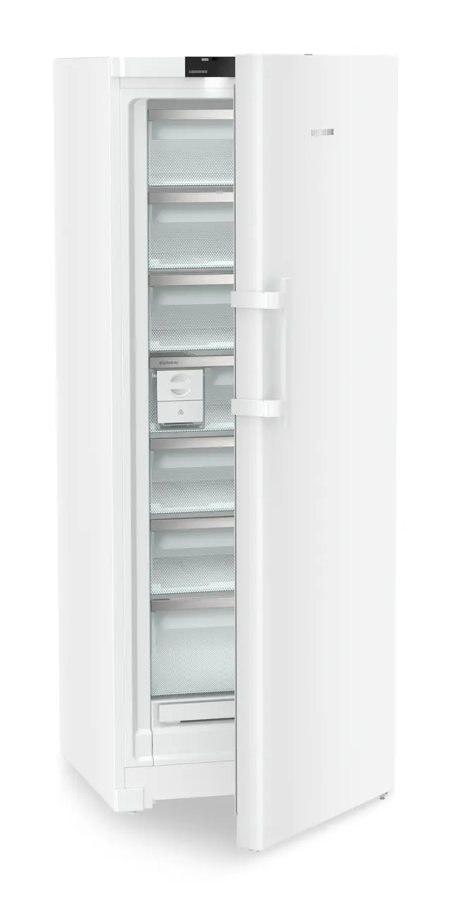 Изображение продукции, Перспектива: Под углом, с полуоткрытой дверцей, без продуктов, Отдельно стоящая морозильная камера с системами NoFrost и EasyTwist-Ice., Цвет корпуса: белый, Цвет дверцы: белый