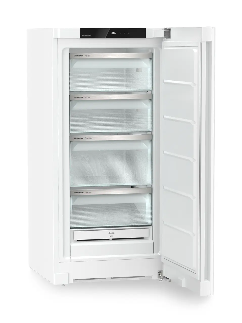 Produkt-Bild, Perspektive: schräg offen leer, Standgefrierschrank mit NoFrost, Gehäusefarbe: Weiß, Türfarbe: Weiß