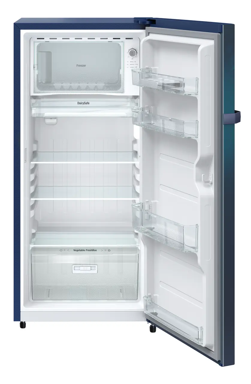 Product image, Perspective: straight open empty, Single-door refrigerator 191 l in 2 Star and with horizontal handle, Casing colour: blue, Door colour: Blue Wonder