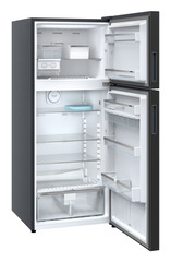 Product image, Perspective: oblique open empty, Fridge-freezer with NoFrost, Casing colour: grey, Door colour: Black Gloss