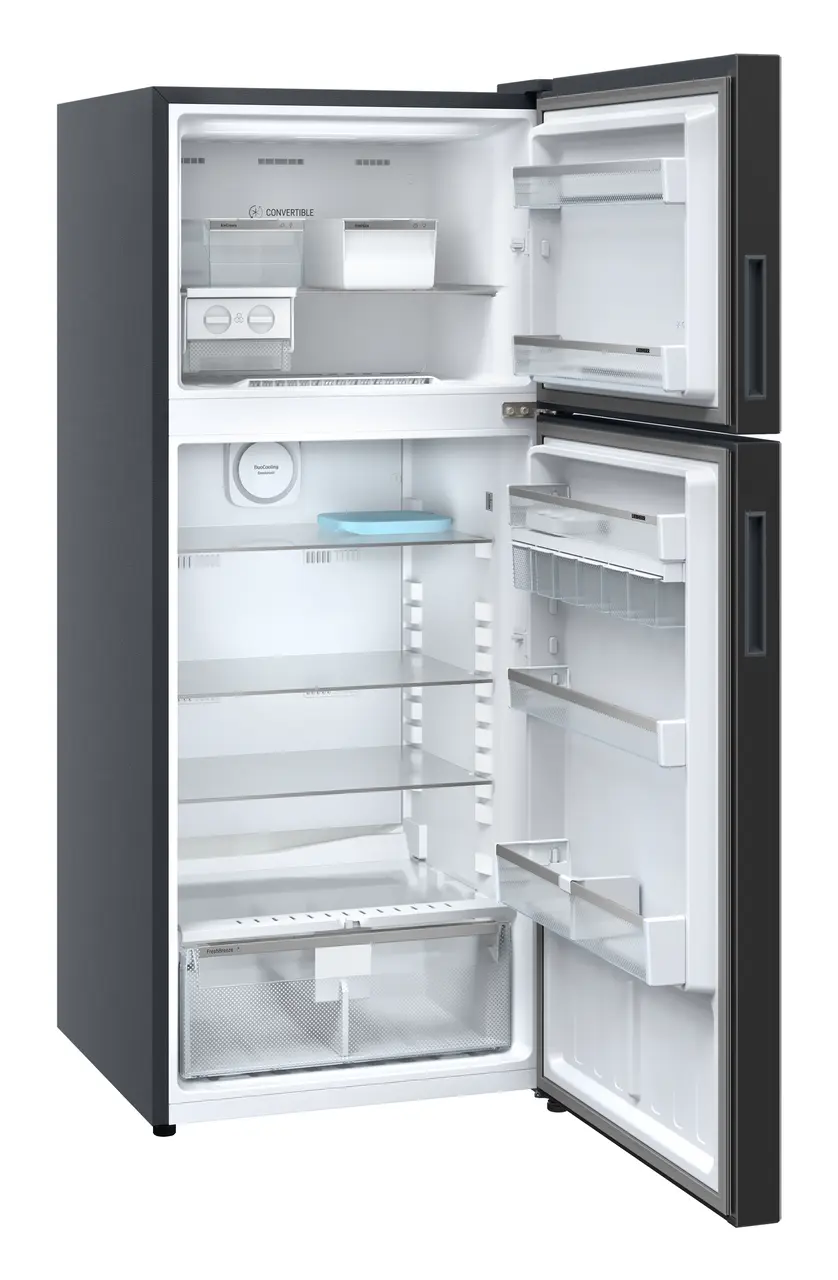 Product image, Perspective: oblique open empty, Fridge-freezer with NoFrost, Casing colour: grey, Door colour: Black Gloss