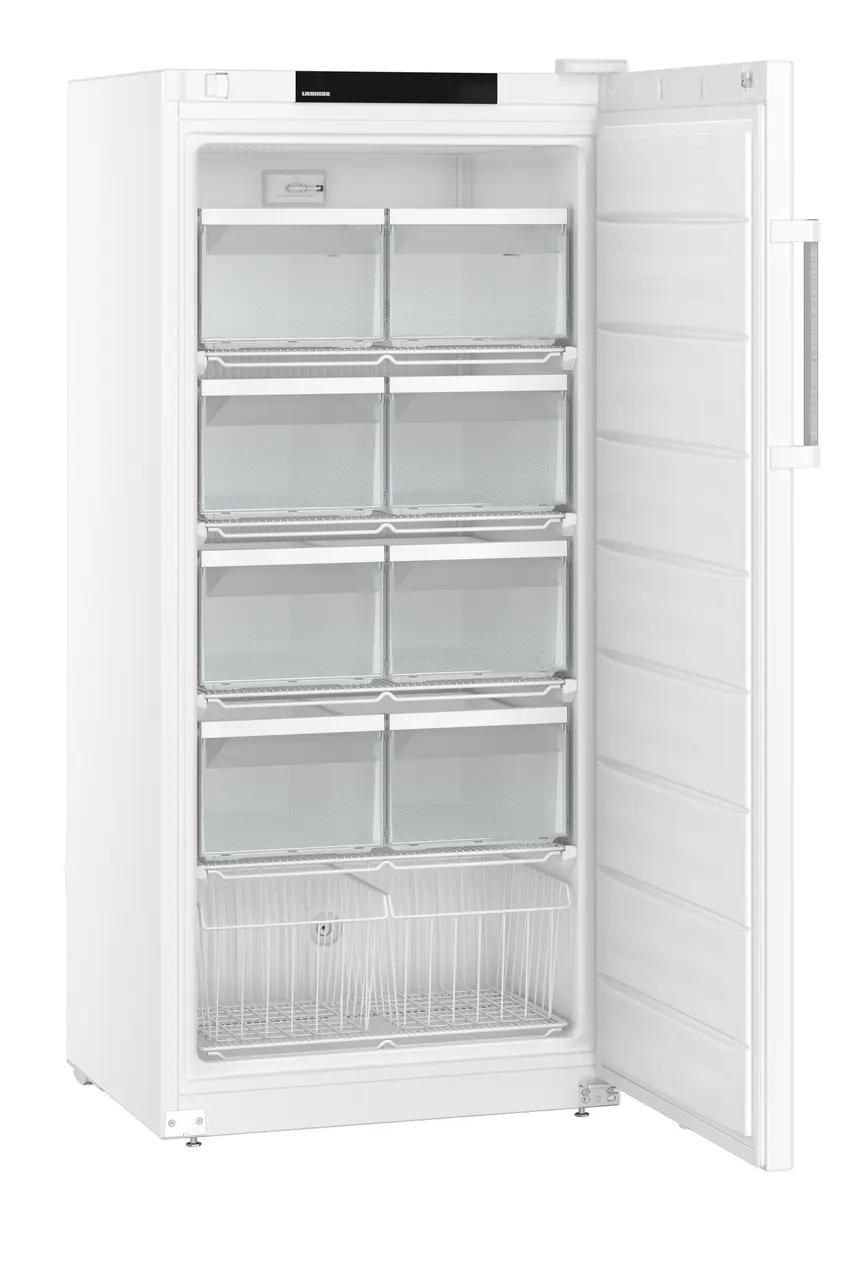 Produkt-Bild, Perspektive: schräg offen leer, Laborgefriergerät mit statischer Kühlung, Gehäusefarbe: Weiß, Türfarbe: Weiß