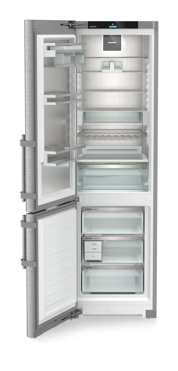Product image, Perspective: straight open empty, Combined fridge-freezers with EasyFresh and NoFrost, Casing colour: stainless steel, Door colour: stainless steel