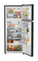Product image, Perspective: straight open decorated, Fridge-freezer with NoFrost, Casing colour: grey, Door colour: Black Gloss