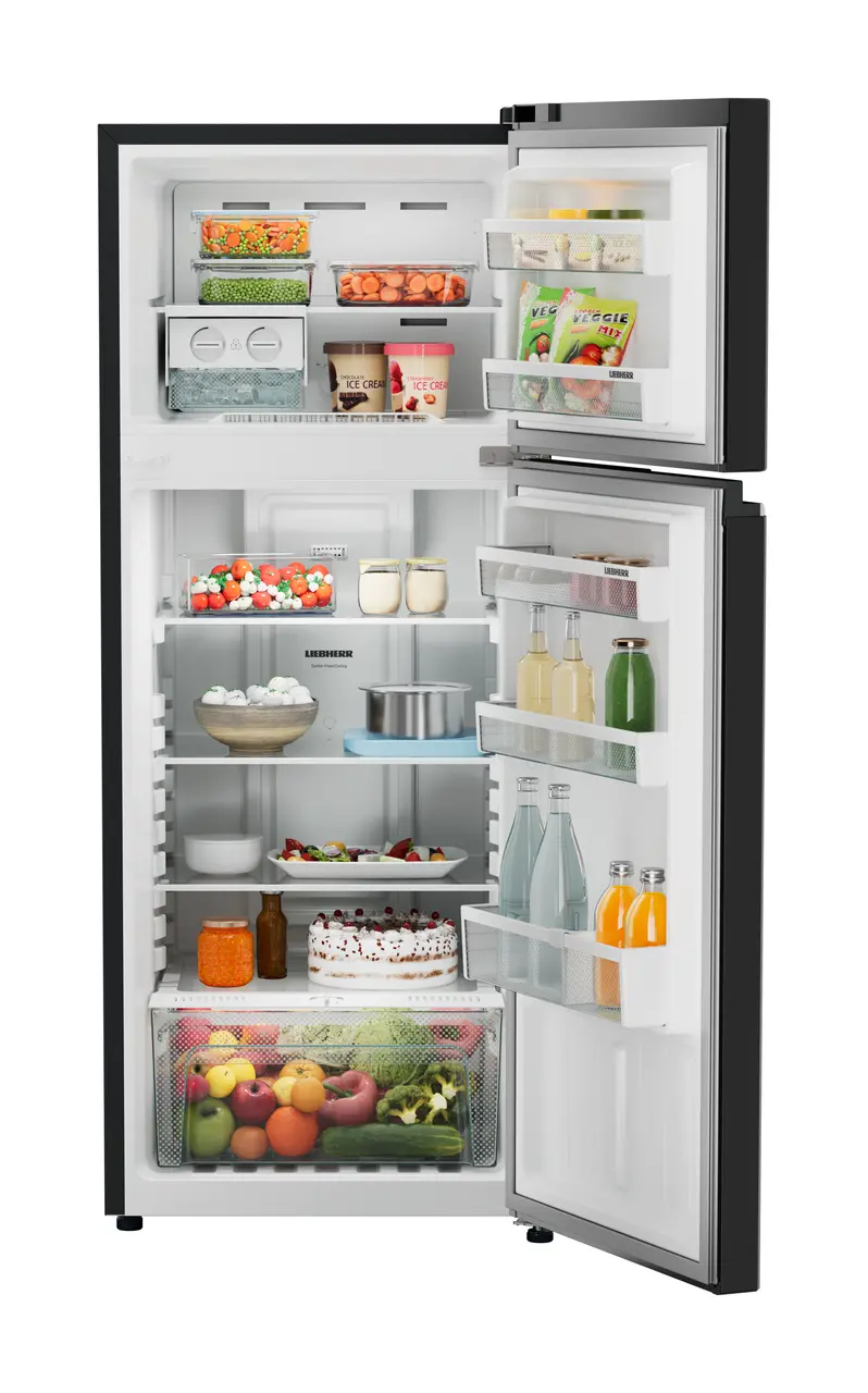 Product image, Perspective: straight open decorated, Fridge-freezer with NoFrost, Casing colour: grey, Door colour: Black Gloss