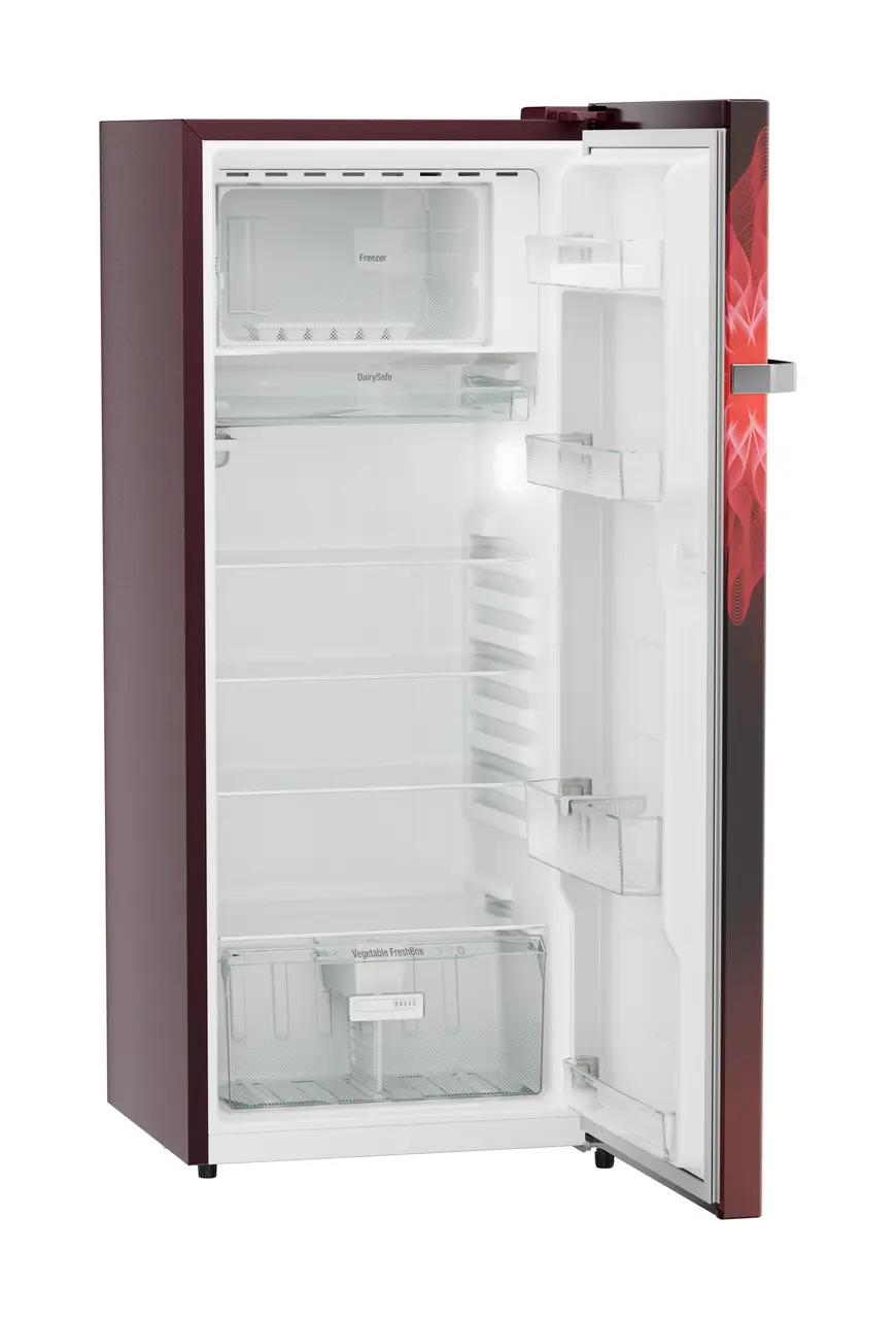 Product image, Perspective: oblique open empty, Single-door refrigerator 222 l in 4 star with iCoolTouch UI, Casing colour: red, Door colour: Red Mystiq