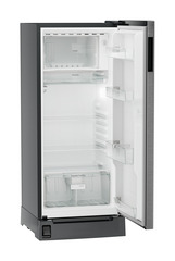 Product image, Perspective: oblique open empty, Single-door refrigerator 202 l in 3 star with foot pedal base drawer, Casing colour: grey, Door colour: Silver Steel