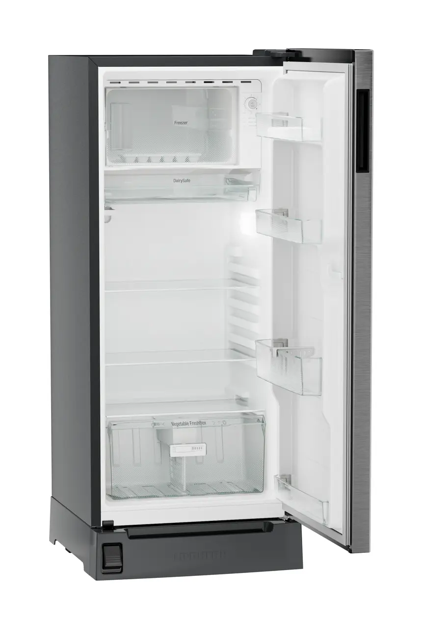 Product image, Perspective: oblique open empty, Single-door refrigerator 202 l in 3 star with foot pedal base drawer, Casing colour: grey, Door colour: Silver Steel