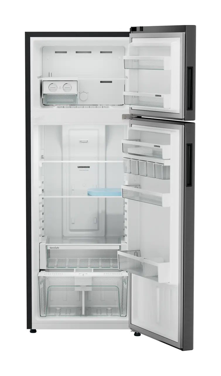 Product image, Perspective: straight open empty, Fridge-freezer with NoFrost, Casing colour: grey, Door colour: BlackSteel