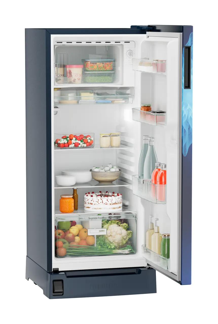 Product image, Perspective: oblique open decorated, Single-door fridge 186 l with foot pedal base drawer and iCoolTouch UI, Casing colour: blue, Door colour: Blue Mystiq