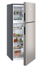 Product image, Perspective: oblique half-open decorated, Fridge-freezer with NoFrost, Casing colour: grey, Door colour: Stainless Steel