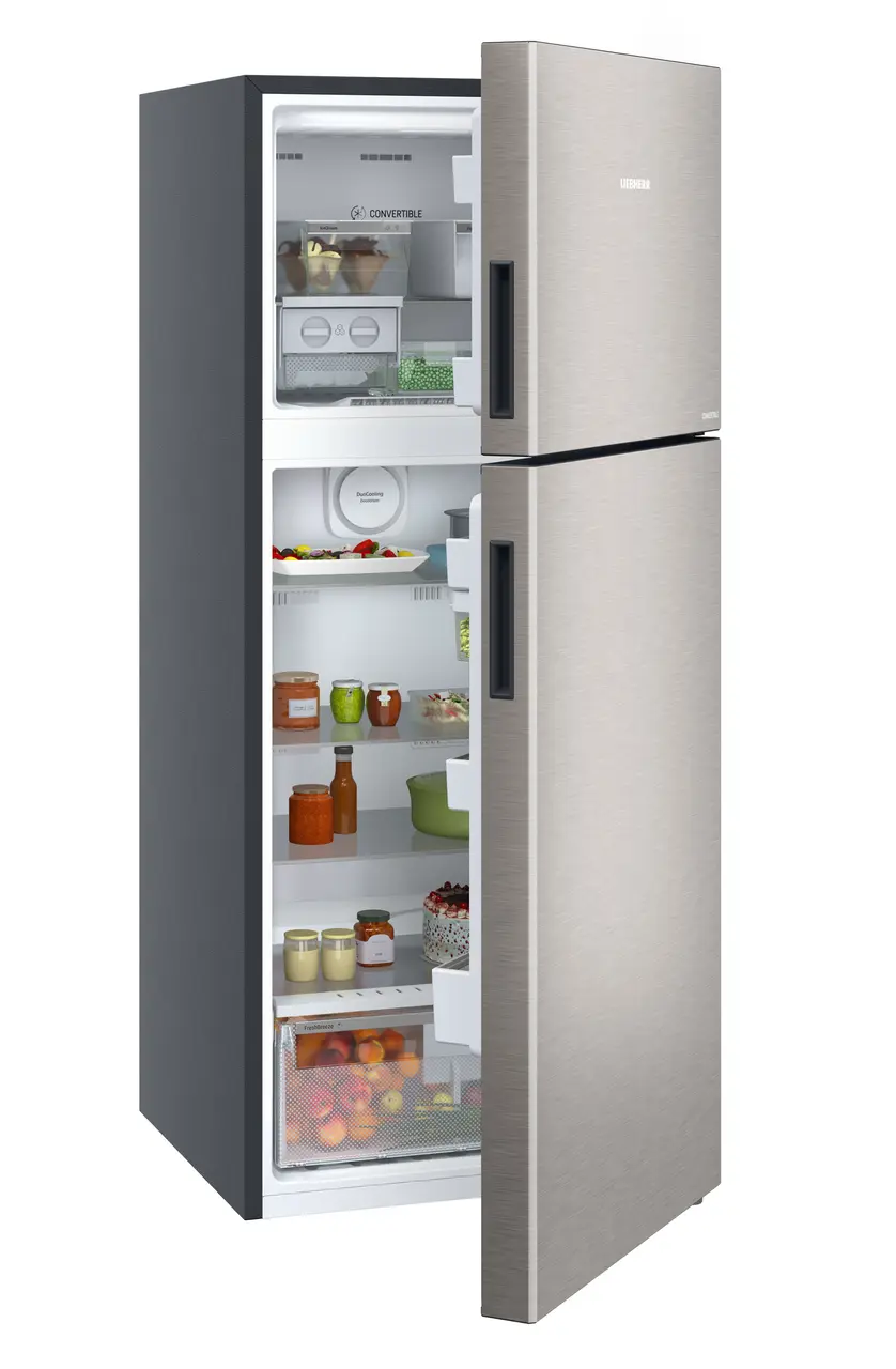 Product image, Perspective: oblique half-open decorated, Fridge-freezer with NoFrost, Casing colour: grey, Door colour: Stainless Steel