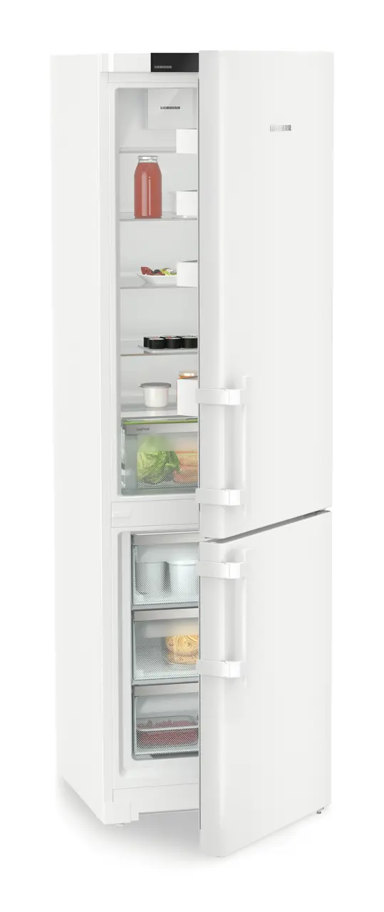 Obrázok produktu, Perspektíva: Šikmo, spotrebič polootvorený, dekorovaný, Kombinácia chladničky a mrazničky s EasyFresh a NoFrost, Farba steny: Biely, Farba dverí: Biely