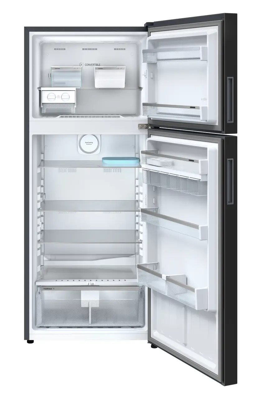 Product image, Perspective: straight open empty, Fridge-freezer with NoFrost, Casing colour: grey, Door colour: Black Gloss