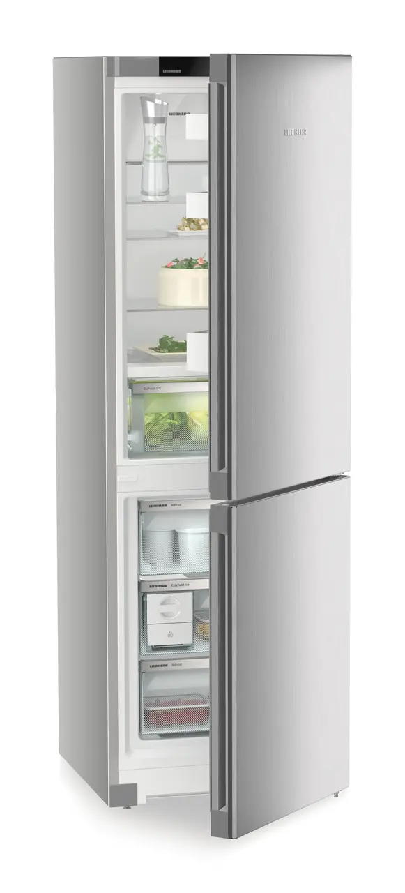 Product image, Perspective: oblique half-open decorated, Fridge-freezer with BioFresh and NoFrost, Casing colour: silver, Door colour: Steelfinish