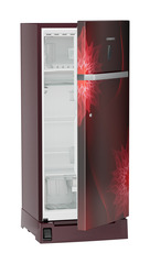 Product image, Perspective: oblique half-open empty, Single-door refrigerator 202 l with foot pedal base drawer and iCoolTouch UI, Casing colour: red, Door colour: Red Mystiq
