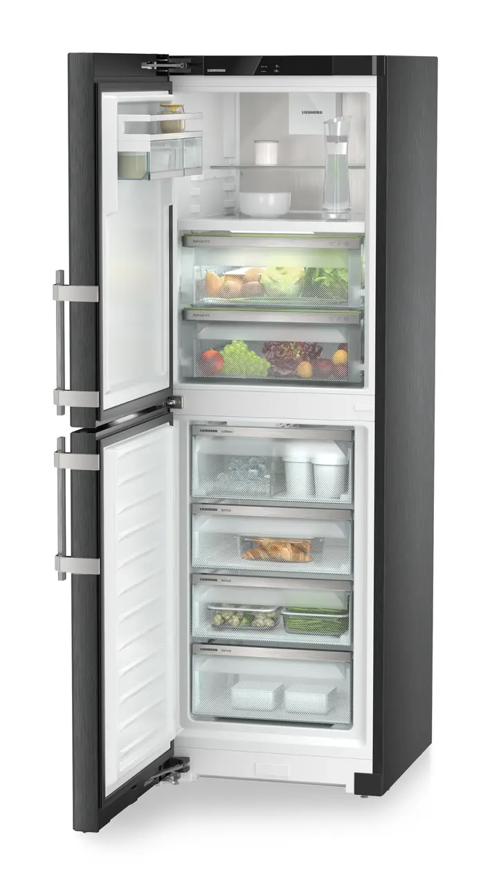 Product image, Perspective: oblique open decorated, Fridge-freezer with BioFresh and NoFrost, Casing colour: BlackSteel, Door colour: BlackSteel