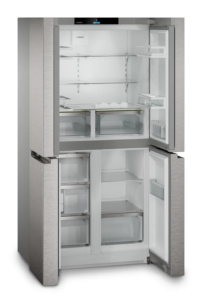 Product image, Perspective: oblique open empty, 4-door French Door fridge-freezer with EasyTwist-Ice, Casing colour: silver, Door colour: stainless steel