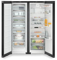 Изображение продукции, Перспектива: Прямо, с открытой дверцей, с продуктами, Холодильник Side-by-Side, Цвет корпуса: черный