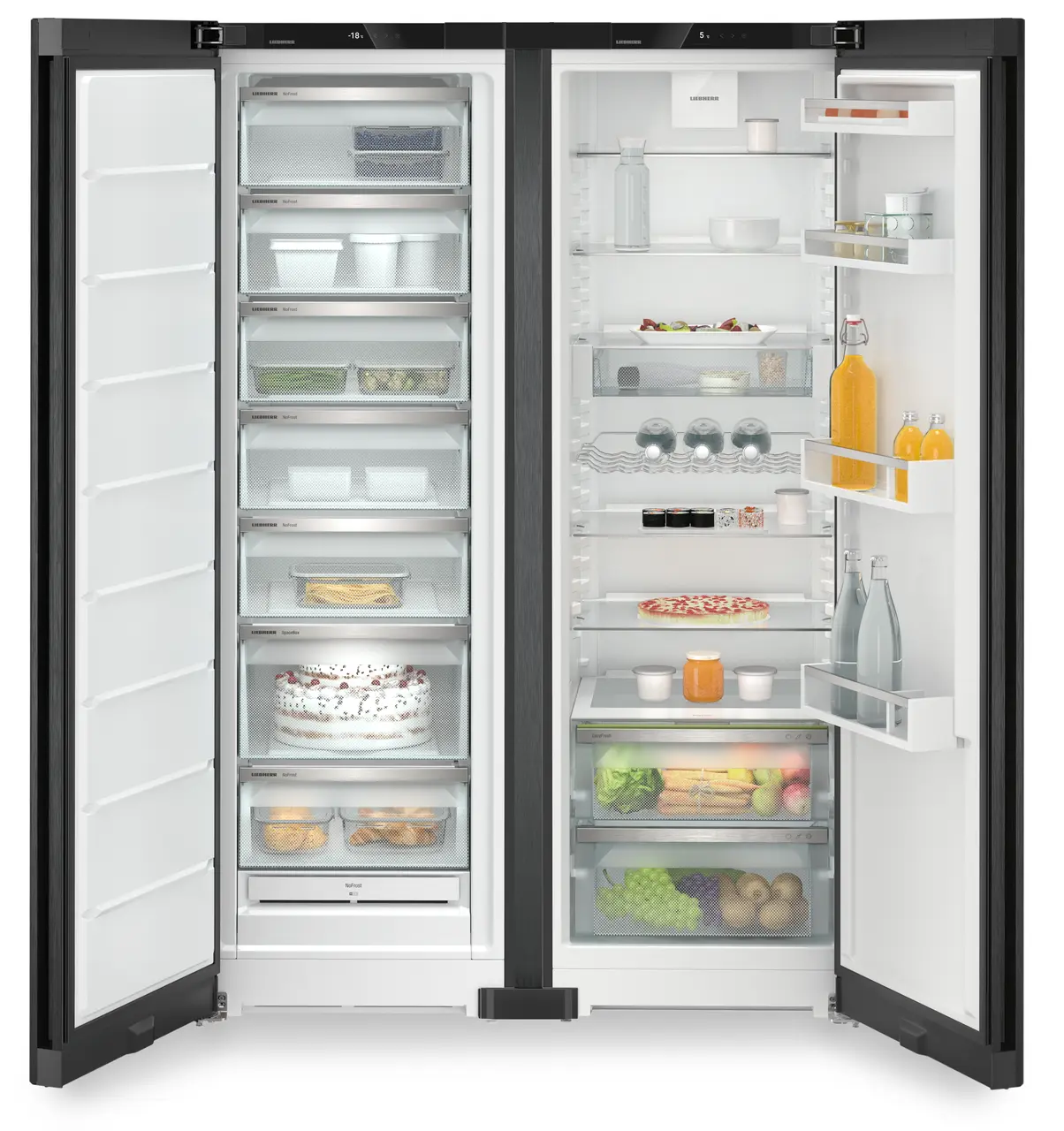 Изображение продукции, Перспектива: Прямо, с открытой дверцей, с продуктами, Холодильник Side-by-Side, Цвет корпуса: черный