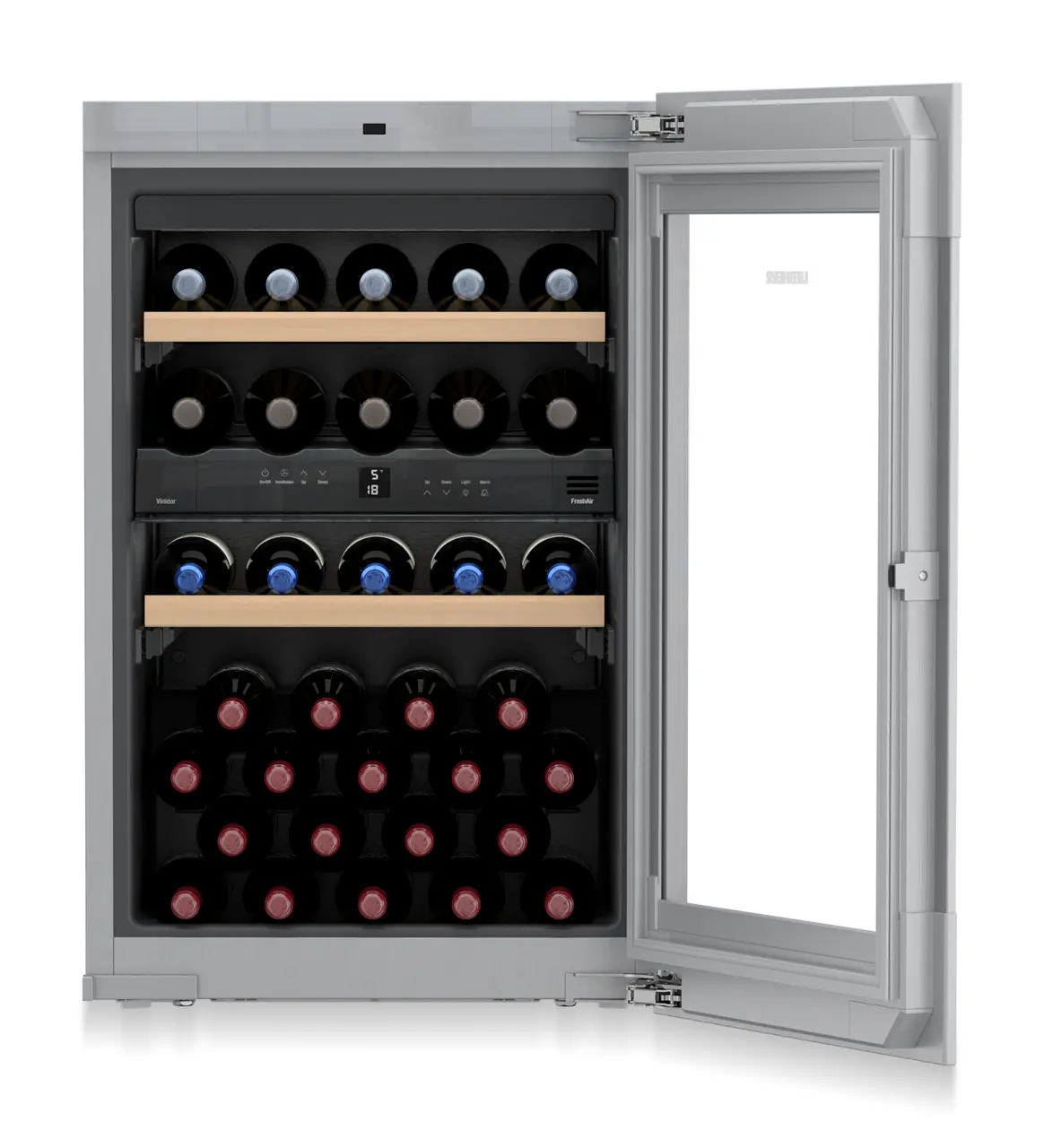 Изображение продукции, Перспектива: Прямо, с открытой дверцей, с продуктами, Встраиваемый винный темперирующий шкаф, Цвет корпуса: серебристый, Цвет дверцы: белый