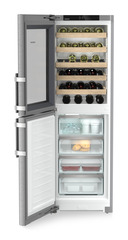 Product image, Perspective: straight open decorated, Combination with NoFrost freezer compartment and wine tempering compartment, Casing colour: stainless steel, Door colour: stainless steel