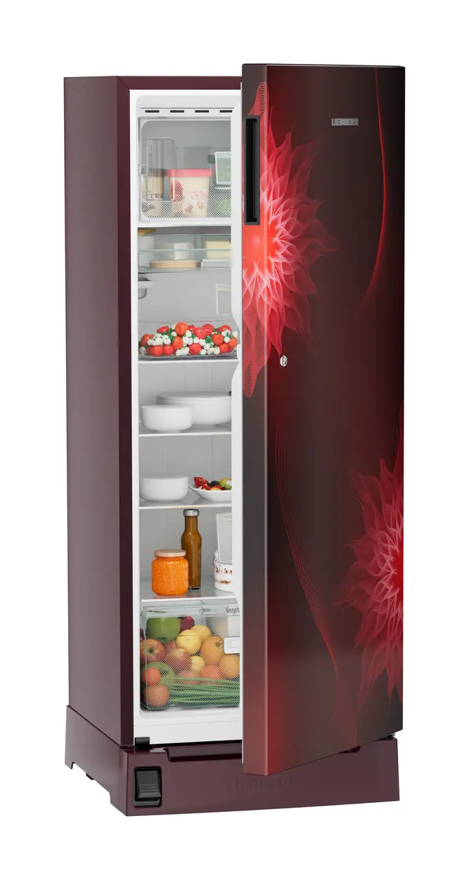 Product image, Perspective: oblique half-open decorated, Single-door refrigerator 222 l in 3 star with foot pedal base drawer, Casing colour: red, Door colour: Red Mystiq