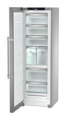 Product image, Perspective: oblique open empty, Freestanding freezer with NoFrost and IceTower, Casing colour: stainless steel, Door colour: stainless steel