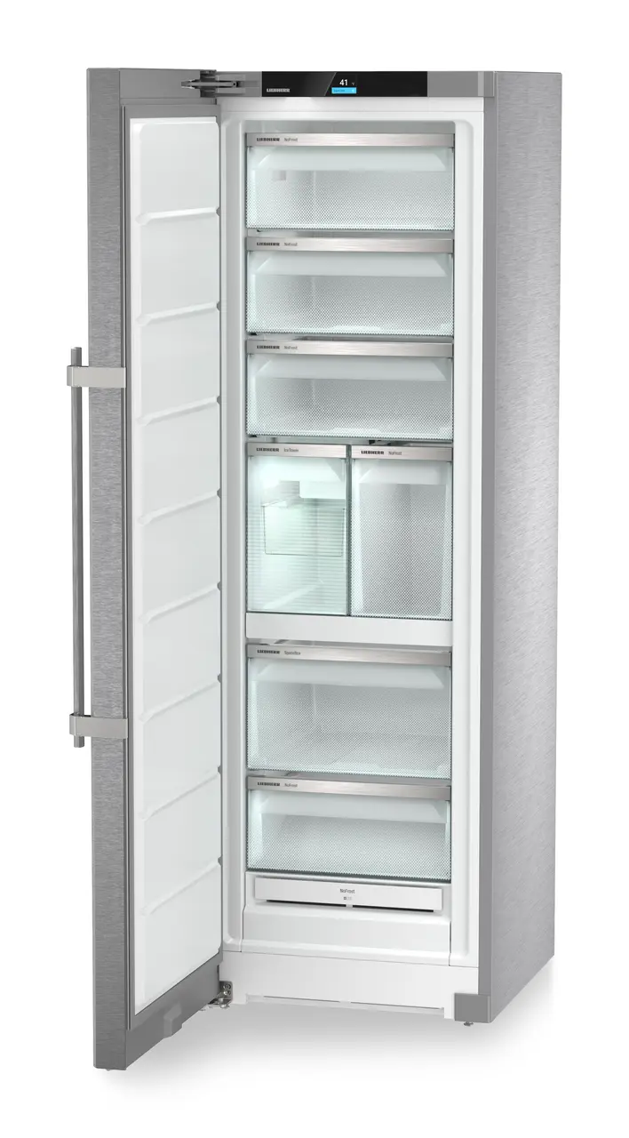 Product image, Perspective: oblique open empty, Freestanding freezer with NoFrost and IceTower, Casing colour: stainless steel, Door colour: stainless steel