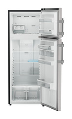 Product image, Perspective: straight open empty, Fridge-freezer with NoFrost, Casing colour: grey, Door colour: Stainless Steel