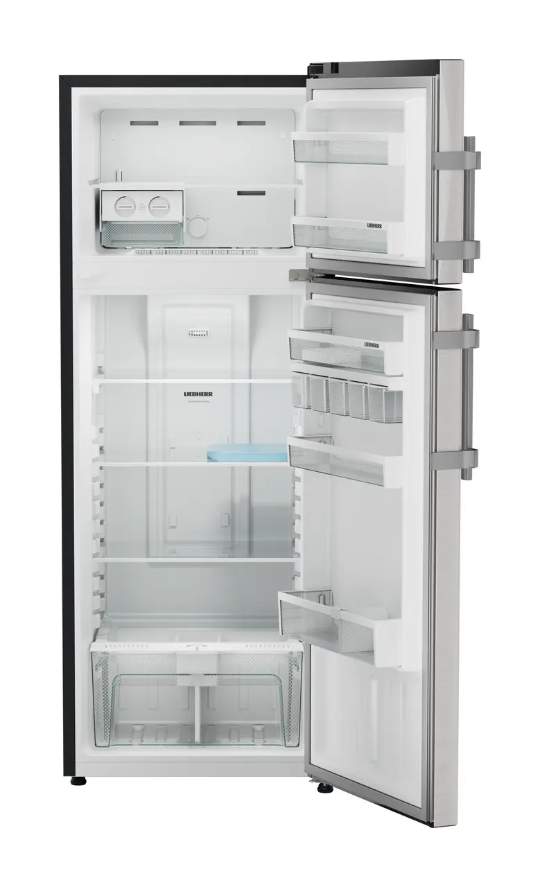 Product image, Perspective: straight open empty, Fridge-freezer with NoFrost, Casing colour: grey, Door colour: Stainless Steel