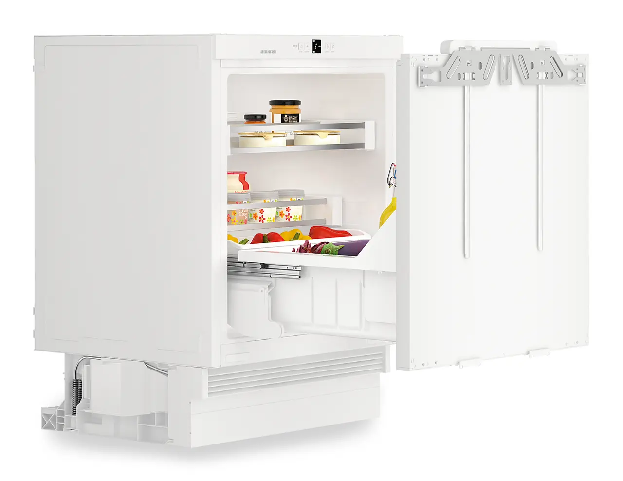 Изображение продукции, Перспектива: Под углом, с открытой дверцей, с продуктами, Встраиваемый под столешницу холодильник