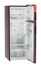 Product image, Perspective: oblique open empty, Fridge-freezer with NoFrost, Casing colour: red, Door colour: Red Mystiq
