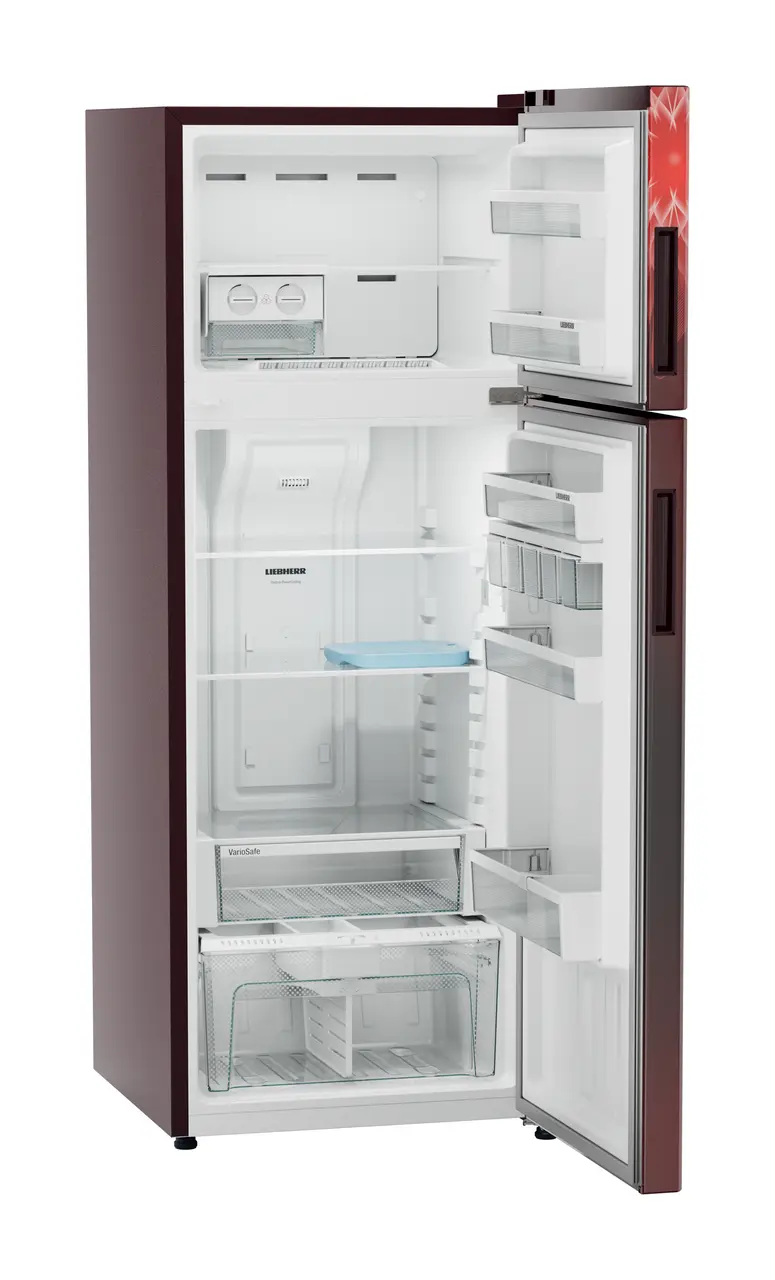 Product image, Perspective: oblique open empty, Fridge-freezer with NoFrost, Casing colour: red, Door colour: Red Mystiq