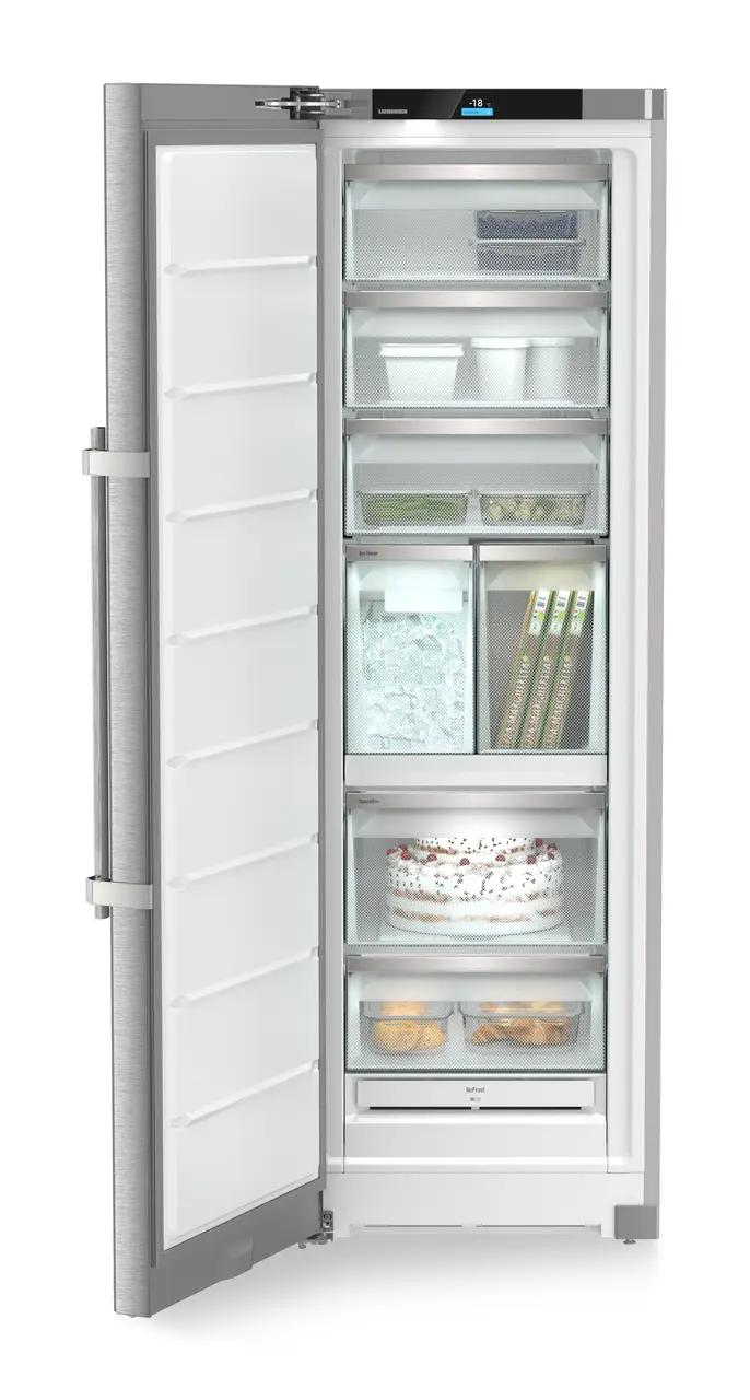Product image, Perspective: straight open decorated, Freestanding freezer with NoFrost and IceTower, Casing colour: silver, Door colour: stainless steel